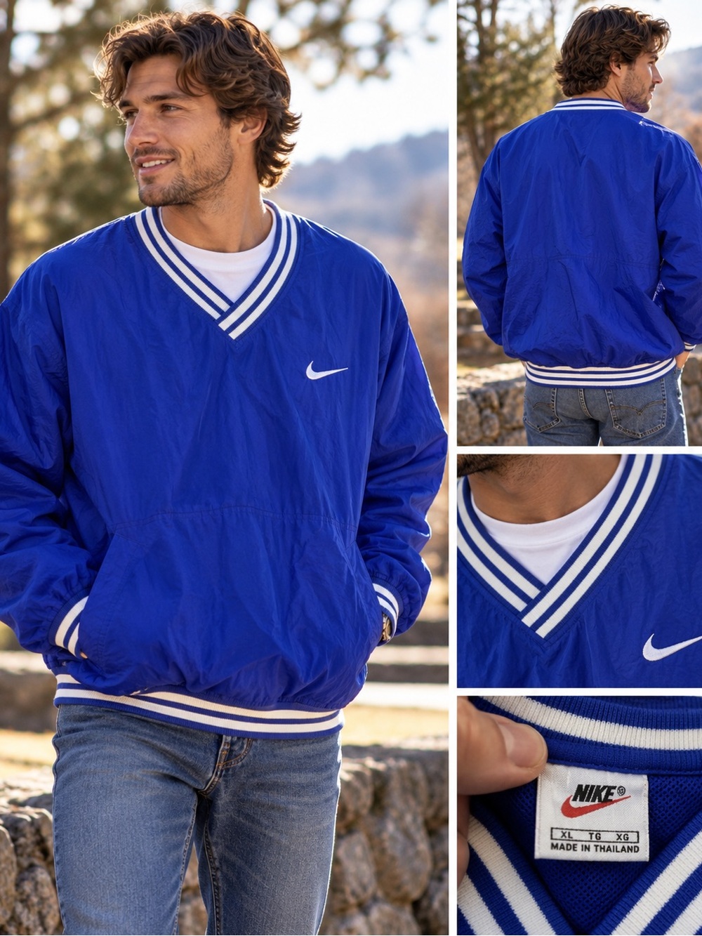 Nike Men's Bright Blue Pullover Windbreaker with White Trim